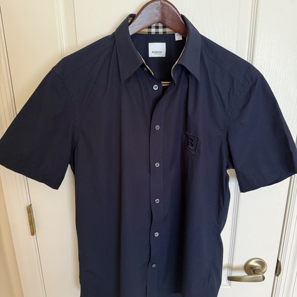 Men's Burberry Short-Sleeve Button Down Navy Check Sz M - Picture 2 of 9